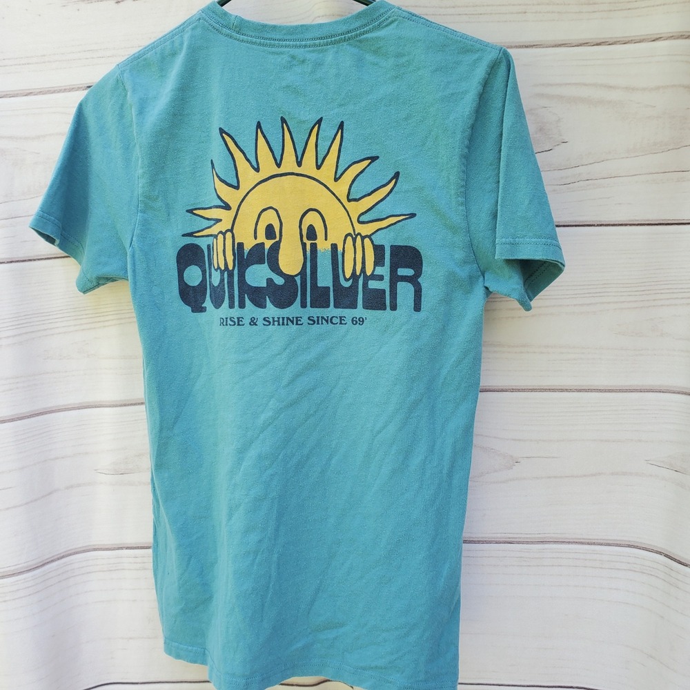 Quiksilver Mens Teal Blue Rise & Shine Sun Graphic T-Shirt Slim Fit Small